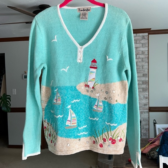 Vintage Timber Lea Teal Nautical Lighthouse Sweater Sz PS - Picture 1 of 8